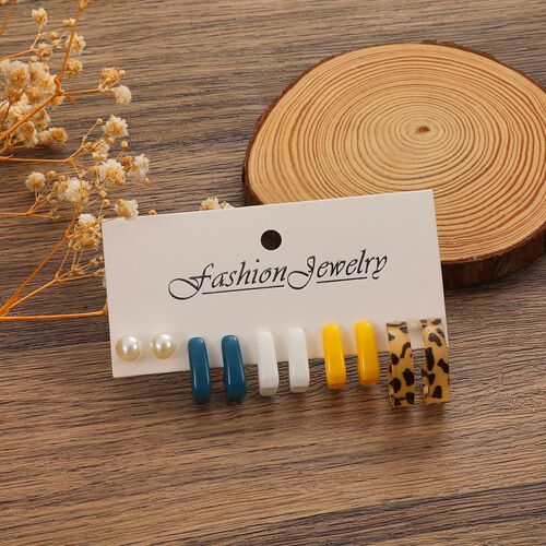 European and American style new retro square geometric earring set ins pearl resin leopard print earrings 5-piece set