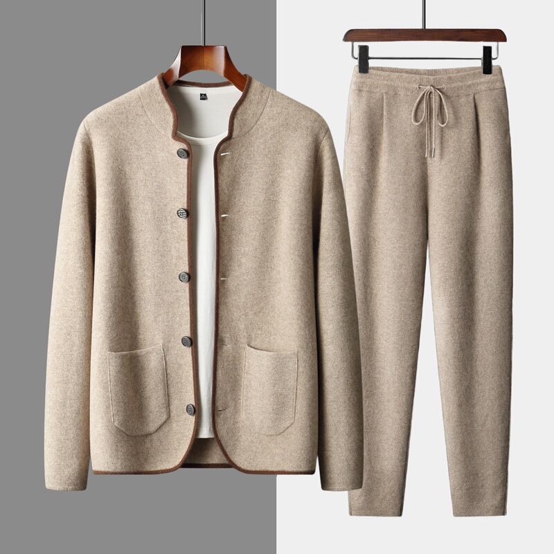 Autumn and winter men's cashmere sweater with stand-up collar, knitted cashmere pants, loose casual outerwear, thickened plus-size color-blocked suit Autumn and winter men's cashmere sweater with stand-up collar, knitted cashmere pants, loose casual outerwear, thickened plus-size color-blocked suit