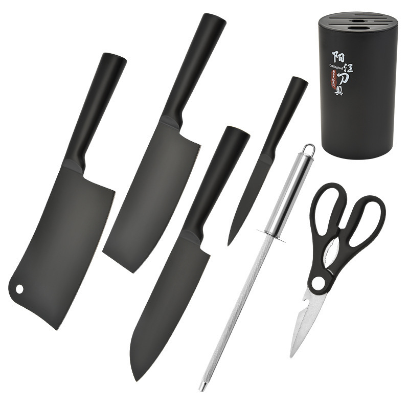 Spot de fábrica Juego de cuchillos al por mayor Juego de utensilios de cocina de combinación negra Cuchillo de corte de carne Juego de caja de regalo de acero inoxidable de siete piezas