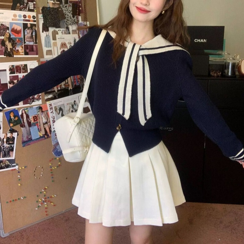 Korean Style Autumn and Winter New Sweet Age-reducing Simple Navy Academy Style Contrast Color Shawl Collar Small Knitted Cardigan for Women