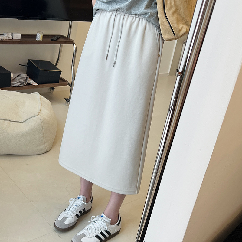 Back slit skirt early spring loose slimming drawstring elastic waist high waist sheath straight sports skirt long skirt for women