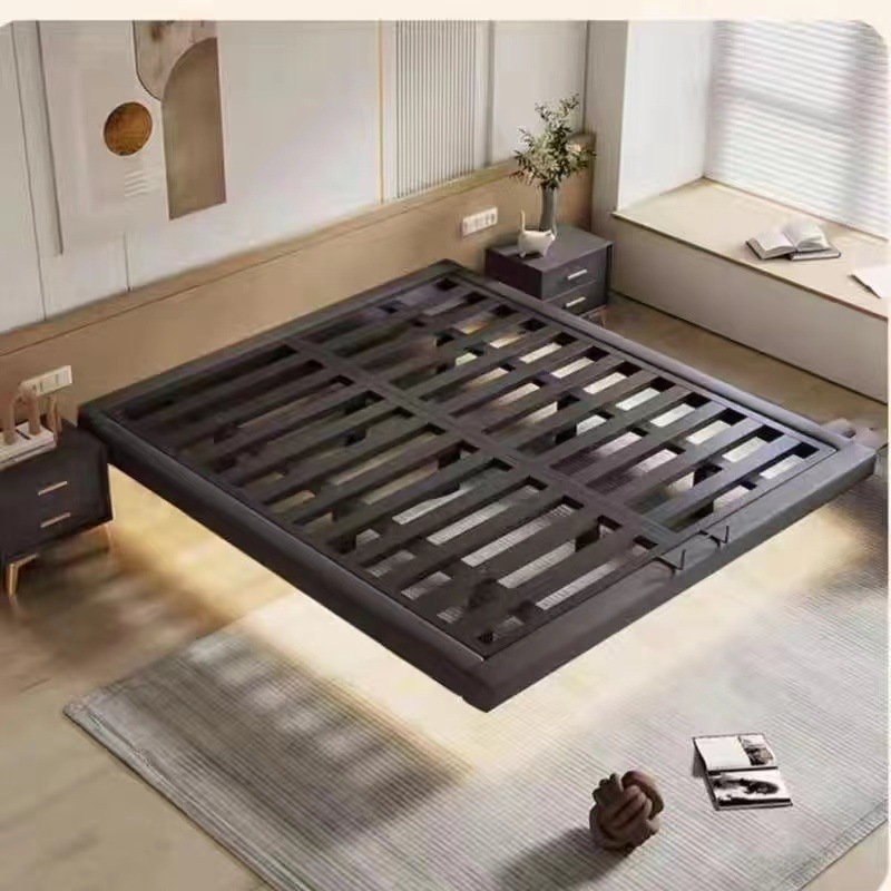 Cama flotante moderna y simple sin marco de hierro de cabeza de cama de acero forjado cama doble principal tela de tatami cama colgante