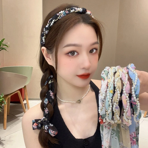 Floral headband, silk scarf, summer ribbon headband, one-piece women's daily wear, lace-up braided hair ribbon headdress