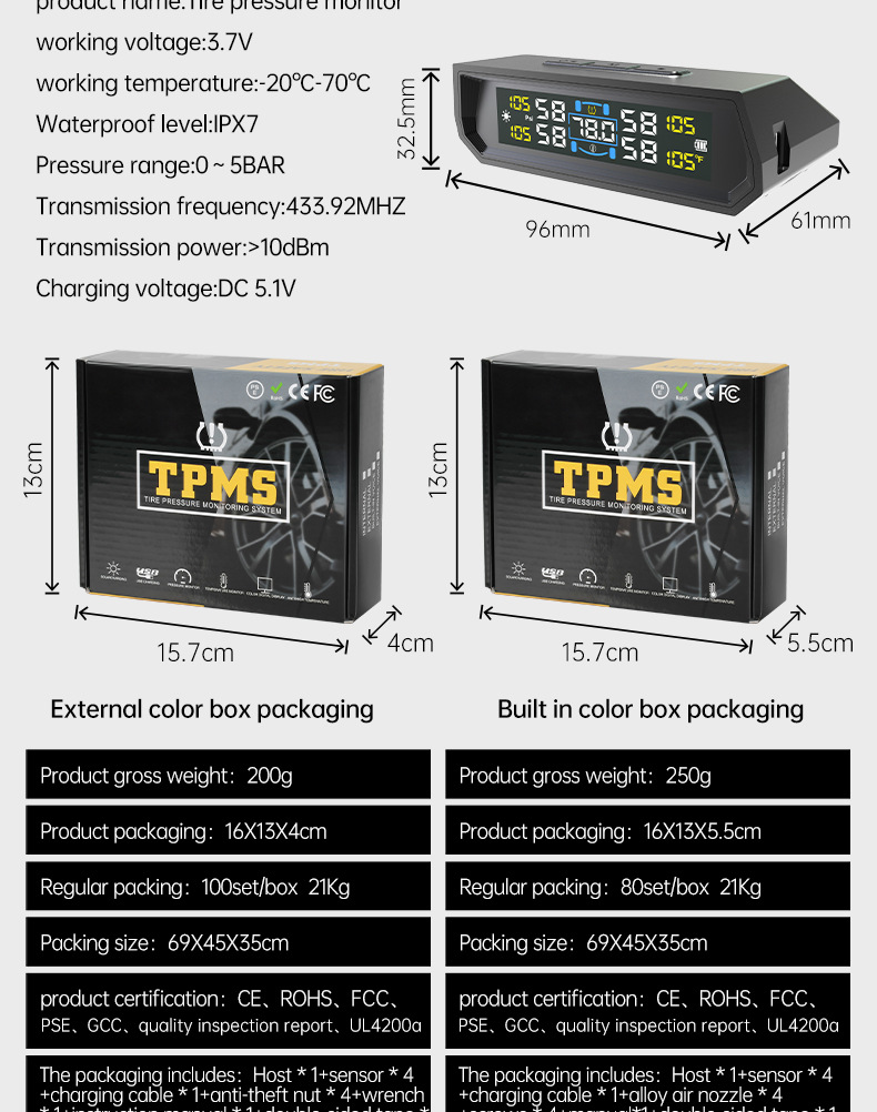 Solar-Powered Tire Pressure Monitoring Tire Pressure Monitor Tpms Tire Pressure Detection Tire Pressure Detector Cross-Border E-Commerce