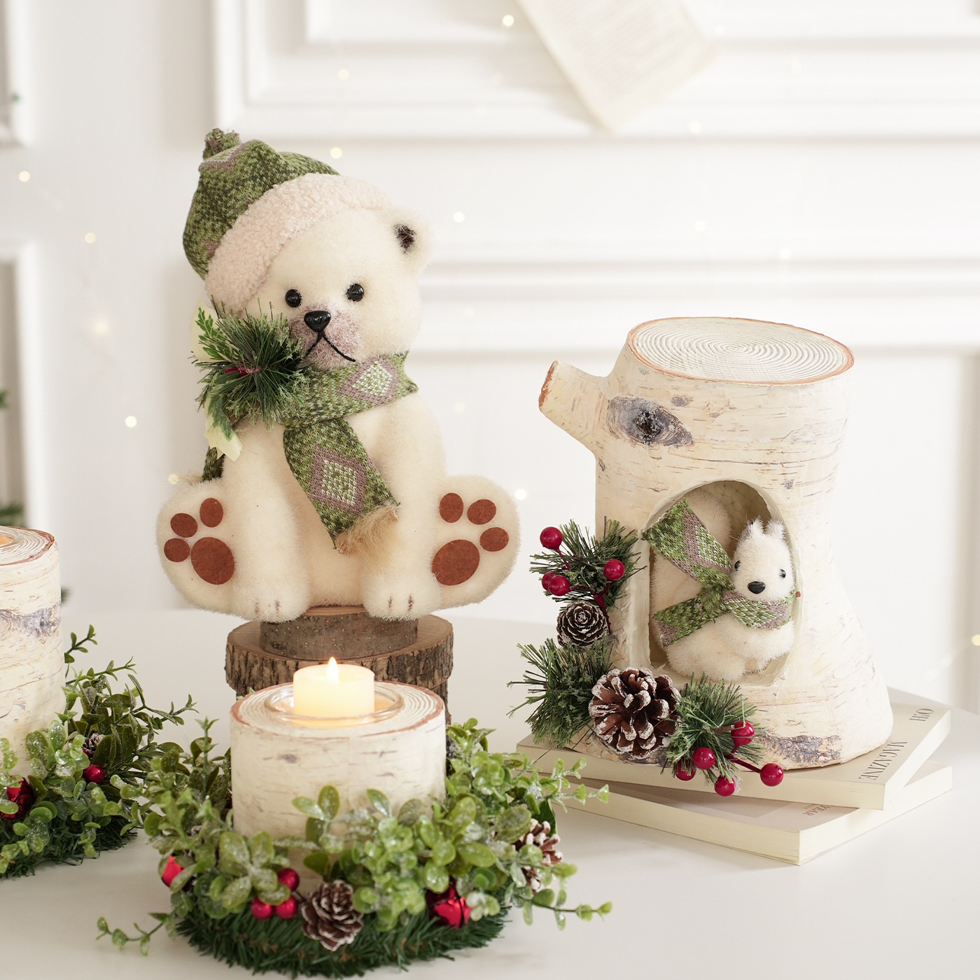 Espuma transfronteriza decoración de escritorio de Navidad de pino de hoja verde bosque alce muñeca de nieve decoración de escena