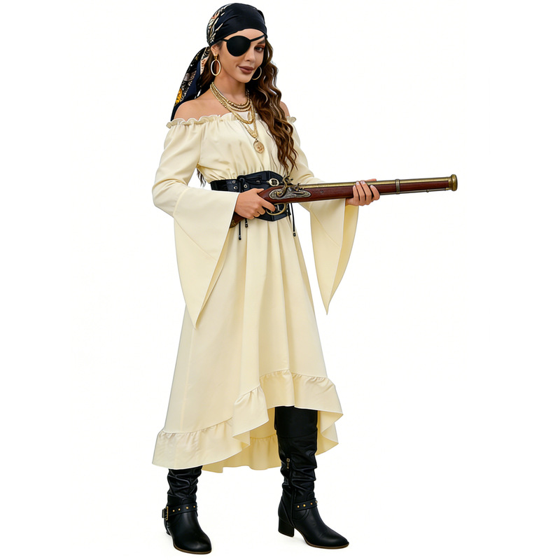 Pirate-Style Cinched Waist Flared Skirt, Off-Shoulder Bell-Sleeve Long Dress, Halloween Cosplay Stage Costume Pirate-Style Cinched Waist Flared Skirt, Off-Shoulder Bell-Sleeve Long Dress, Halloween Cosplay Stage Costume