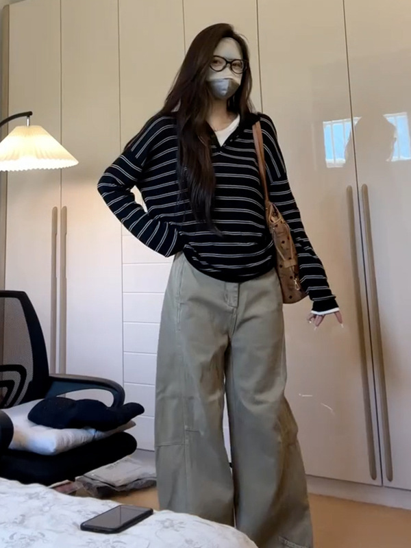 美式复古黑色条纹长袖polo衫t恤女2025早秋新款绝美巨好看的上衣|undefined