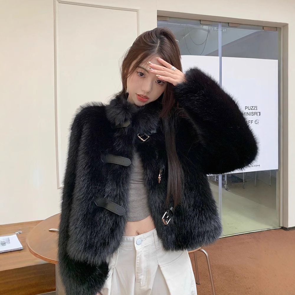 环保皮草毛毛外套冬季小个子新款仿狐狸毛时尚女装黑色立领上衣潮