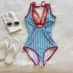 【格調パーティー】タイの小衆蝶結びのストライプのワンピースの水着の女性の高級感の青いストライプのビキニ