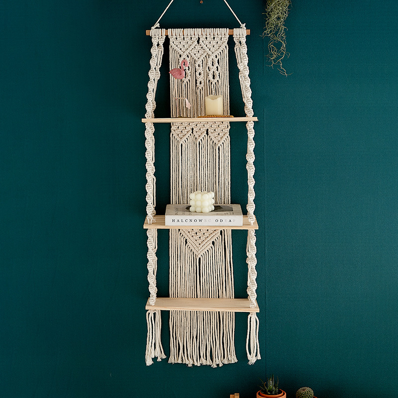 Bohemian Hand-woven Tapestry Storage Rack Children's Room Bedroom Wall Decorative Cotton Rope Tapestry Green Plant Shelf Bohemian Hand-woven Tapestry Storage Rack Children's Room Bedroom Wall Decorative Cotton Rope Tapestry Green Plant Shelf