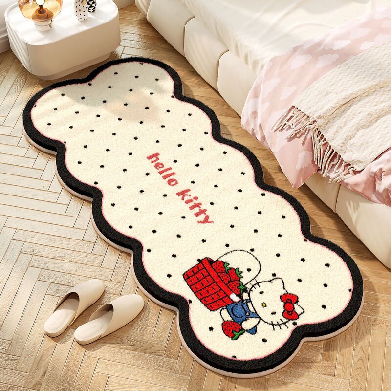 Cartoon Polka Dot Hello Kitty Faux Cashmere Floor Mat for Bedroom Bay Window, Thickened Non-Slip Cooling Decorative Bedside Rug
