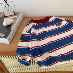 Tongchenchenma boys long-sleeved T-shirt loose and fashionable autumn children's contrast striped stylish T-shirt round neck top trendy