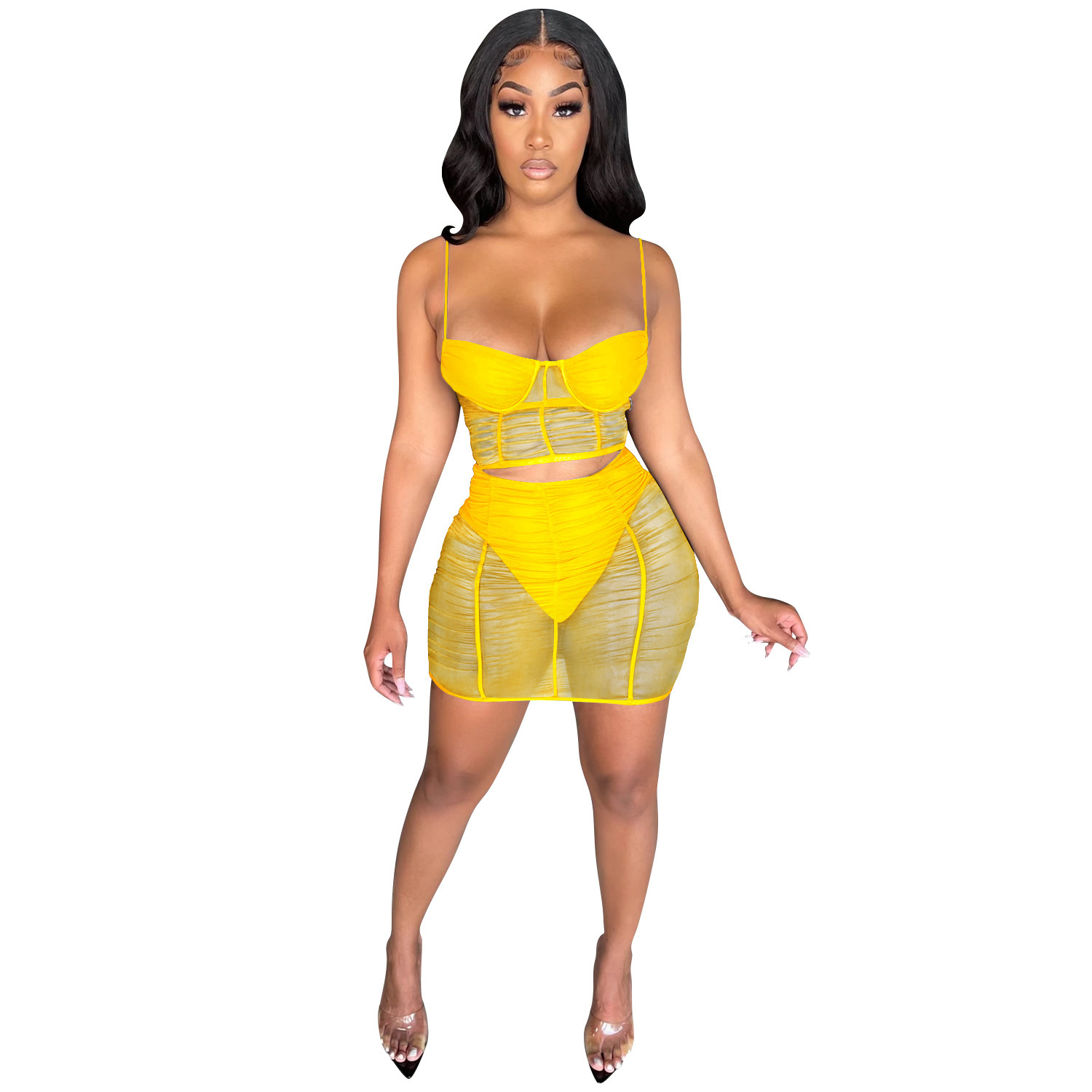 C5176 en stock de moda de verano sexy de color sólido leche de malla de hilo transparente bolsa de cadera falda corta de dos piezas para mujeres image 7