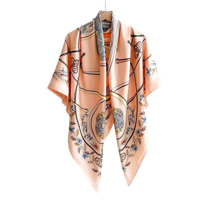 Toalla cuadrada impresa de nicho de estilo étnico de tendencia creativa, foto de fotografía de mujer de primavera y verano con bufanda fina de sarga