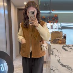欧货两面穿羊羔毛马甲女2025秋宽松皮毛一体背心坎肩鹿皮绒马夹