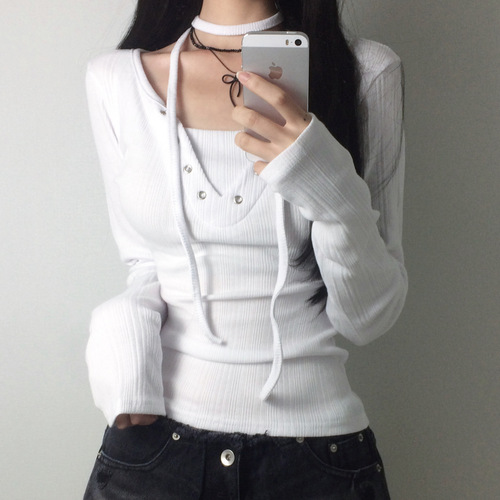 Korean pure desire style strap corns cord design long-sleeved T-shirt simple all-matching casual atmosphere basic top