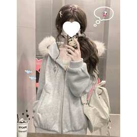 【原版毛呢面料】韩系加厚连帽毛领呢子大衣女冬季贵气蓝色卫衣外