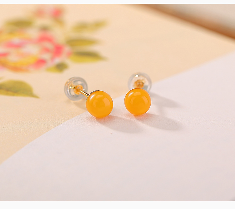 Bông tai bạc S925 mạ vàng đính ngọc bích Hetian jasper hạt tròn đơn giản — Mô hình sáp ong chi tiết 7