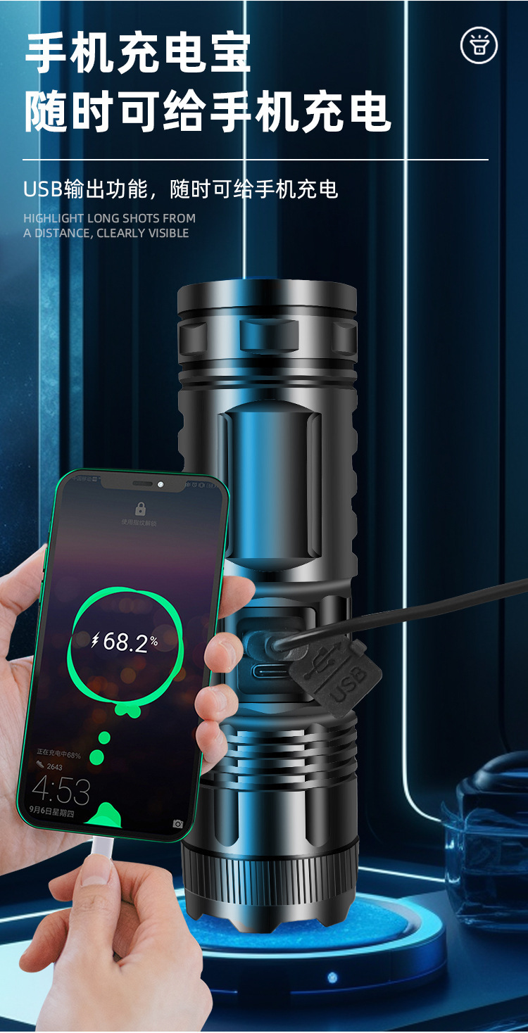 New white laser flashlight Type-C charging strong light outdoor zoom super bright long-range light with power display