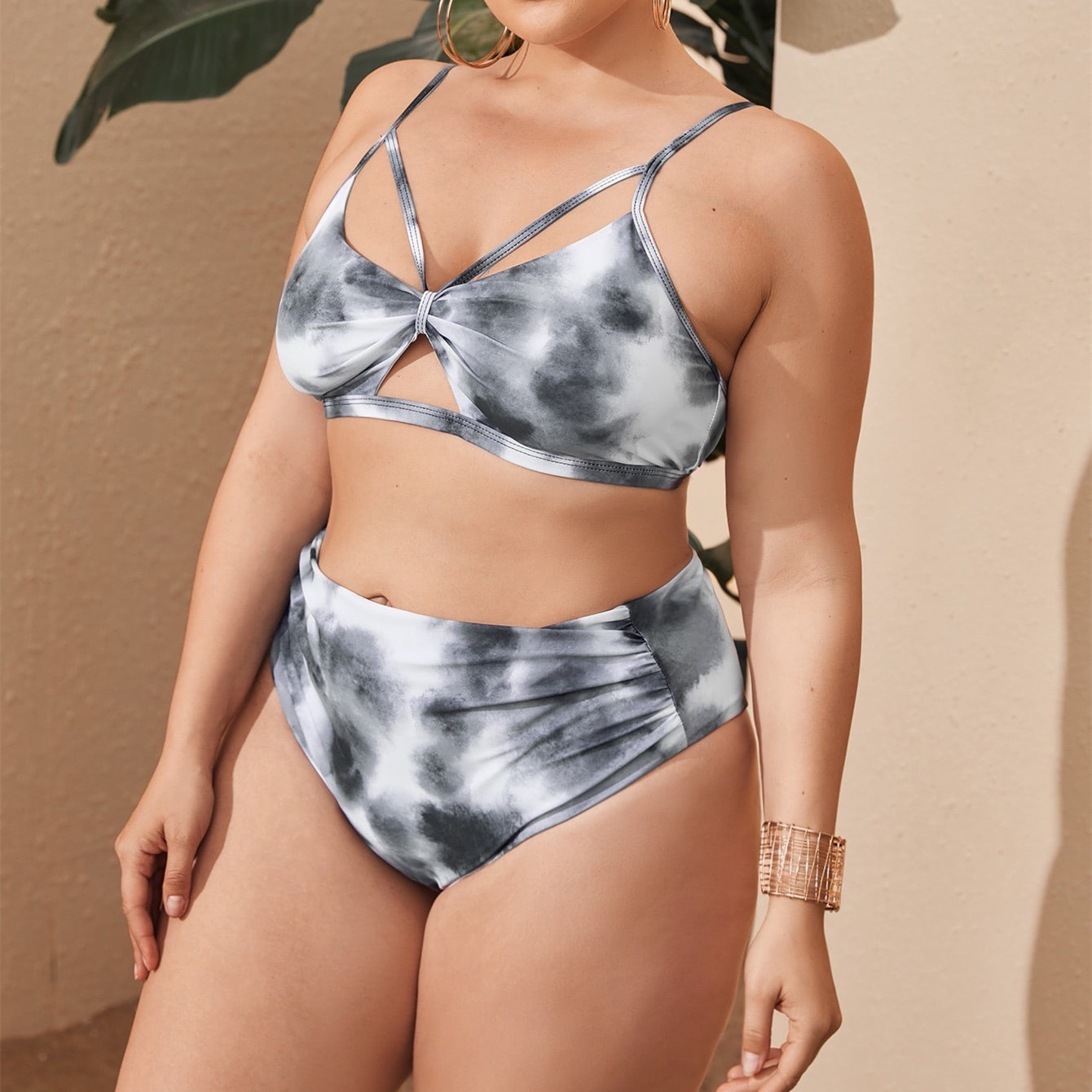 plus size sling hollow high waist tie dye gradient bikini two-piece set NSJHD125131