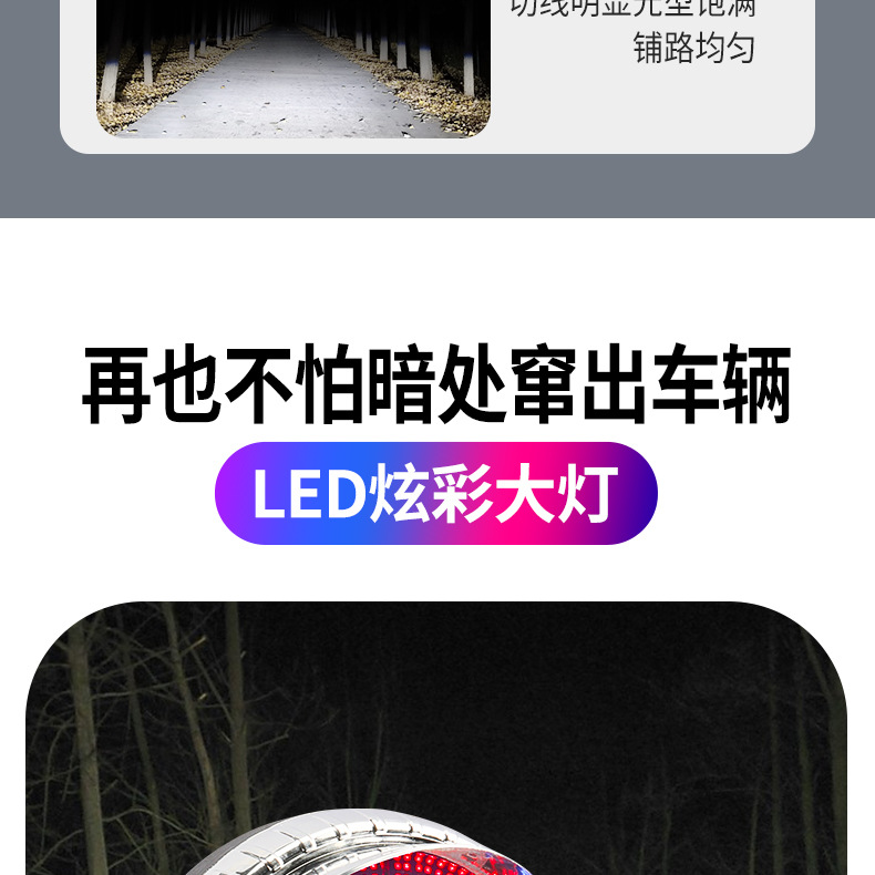 Electric Tricycle Strong Light Headlight Colorfulful Brilliant Light 12-80V Modified Universal Headlight Integrated Assembly