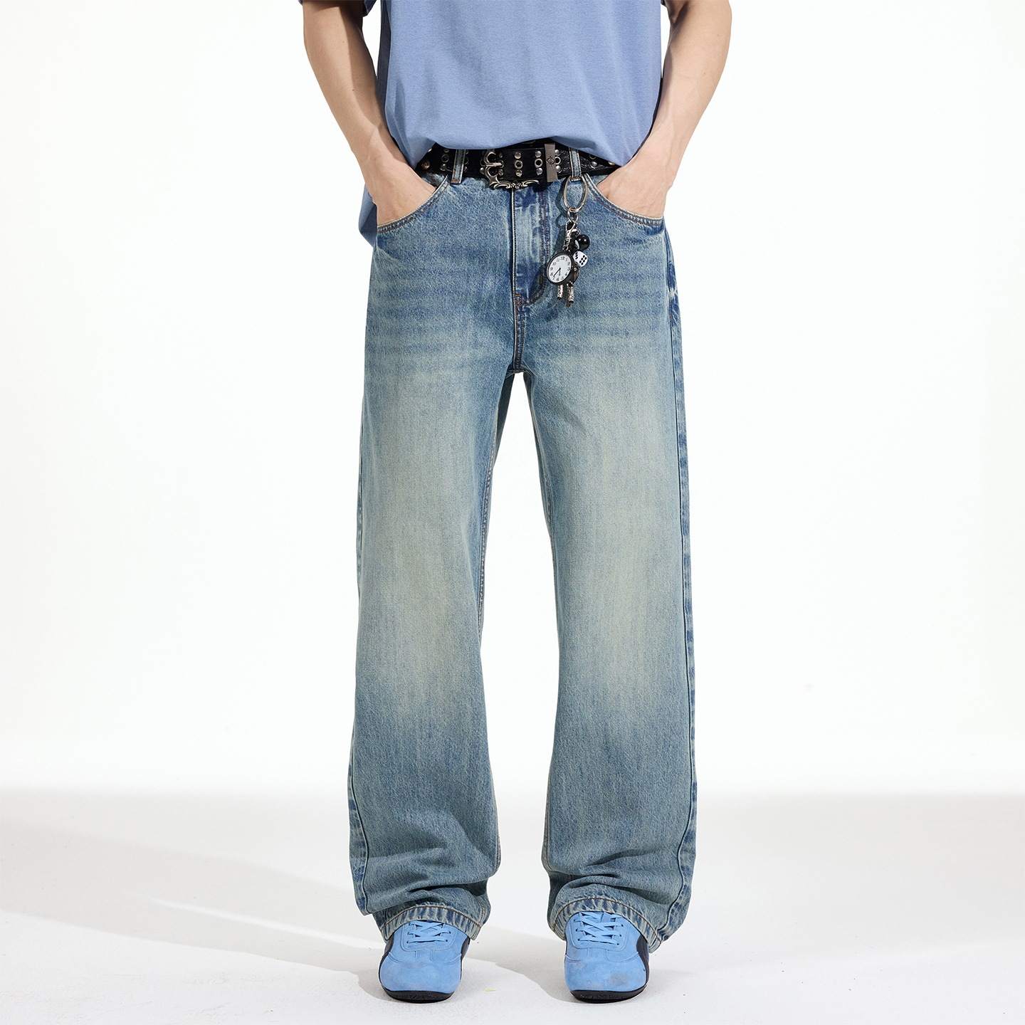 Pantalones Jeans Rectos Estilo Retro para Hombre de Algodón Lavado Corte Holgado para Ocio
