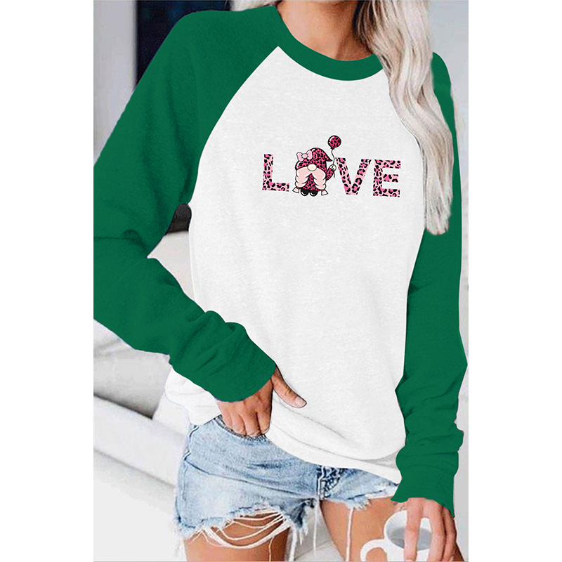 Summer round neck patchwork long sleeved t-shirt, women's LOVE Valentine's Day printed top_voghion.com