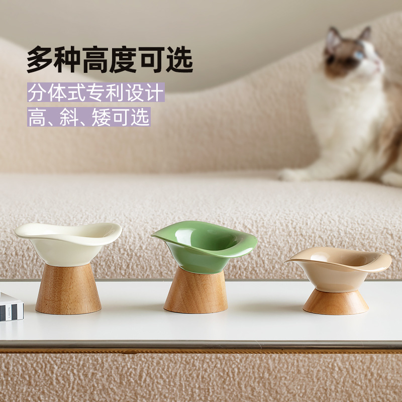 Dividir tazón de fuente del gato de cerámica Pet Bowl alto pie boca oblicua protección del cuello anti-golpe tazón de fuente de comida para gatos tazón de fuente de perro al por mayor
