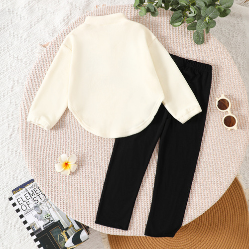 Girls 'autumn and winter suit Letter embroidery fleece tuxedo top black leggings two-piece casual suit