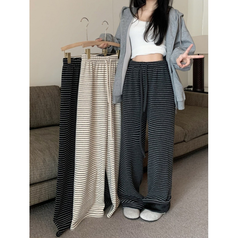 慵懒感条纹直筒遛弯裤垂感毛巾裤女秋季加厚垂感休闲羊绒阔腿裤|undefined