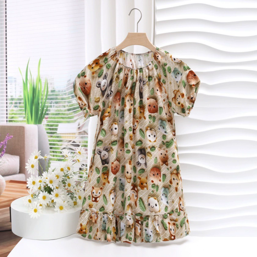 Детская одежда для девочек: платье с цветочным принтом, лето 2025, новое платье-пузырь для девочек, платье принцессы, модная ночная сорочка с мультяшным принтом