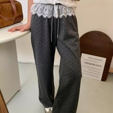 外贸女装2025春季新款洋气蕾丝腰头波点阔腿裤甜美减龄直筒休闲裤
