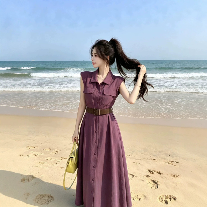 Summer New Stylish Shirt-Style Dress with a Turn-Down Collar, High-End Sleeveless Design, Slimming Waist, Fashionable Women's Dress