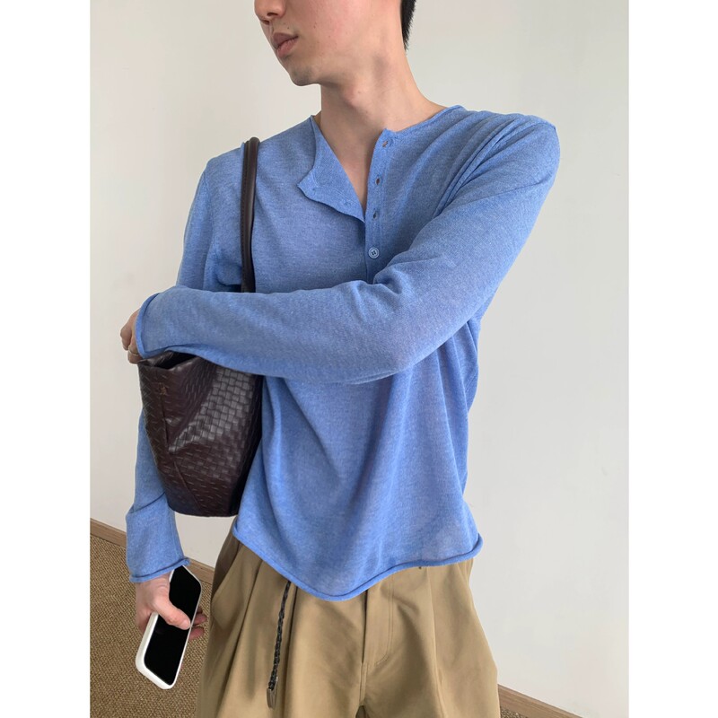 Blue Henry Collar Knit T-Shirt for Men, Summer Thin Korean Style Casual Long Sleeve Top, Breathable Sun Protection Shirt