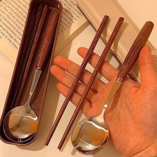 Sugar-Colored Chicken Wing Wood Cylindrical Wooden Handle Chopsticks and Spoons for Students and Office Workers to Bring Their Own Three-Piece Portable Tableware When Going Out