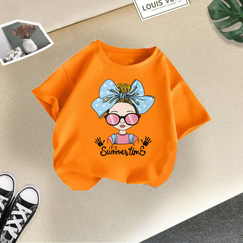 Ropa para niños transfronterizos 2024 verano nuevas camisetas de manga corta para niños y niñas tops de cuello redondo de moda bebé de media manga de algodón