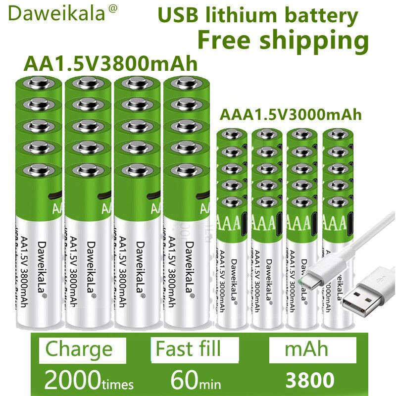 USB charging 1.5V AA/AAA lithium battery 3800/3000mAh foreign trade…