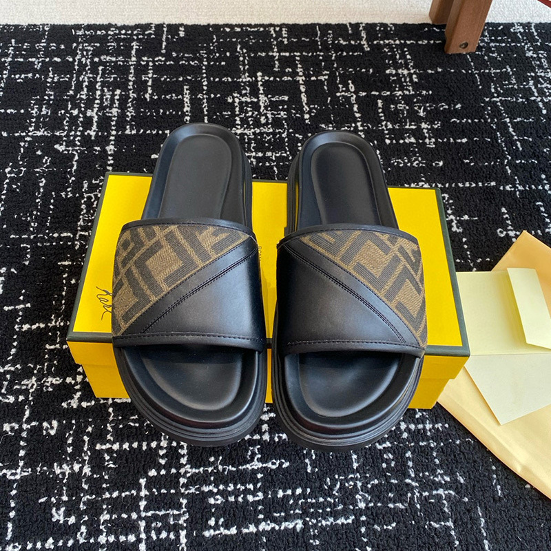 Zapatillas de hombre de suela gruesa FD Singapur Vietnam Turquía 2025 verano cuero FF letras jacquard presbies chanclas