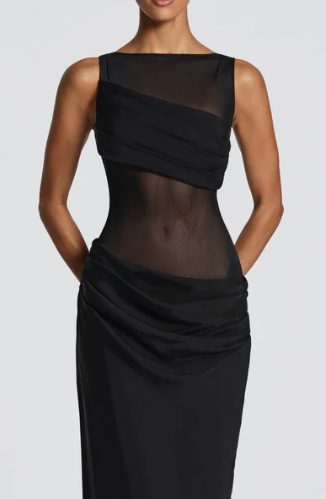 Women's Solid Color Patchwork Slim Fit Dress - Sheer Draped Evening Gown For Sophisticated Style_ecoleips.com