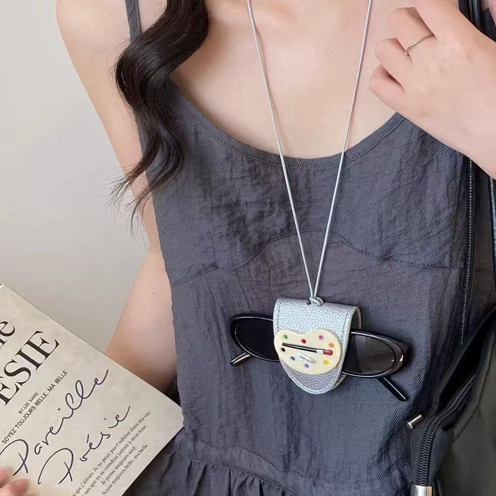 Cuero divertido lindo y divertido disco de pintura collar clip de gafas halter monedero largo bolso de almacenamiento portátil anti-pérdida