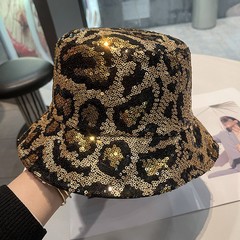 跨境欧美新款亮片豹纹渔夫帽女双面戴时尚百搭盆帽舞台演出闪亮帽