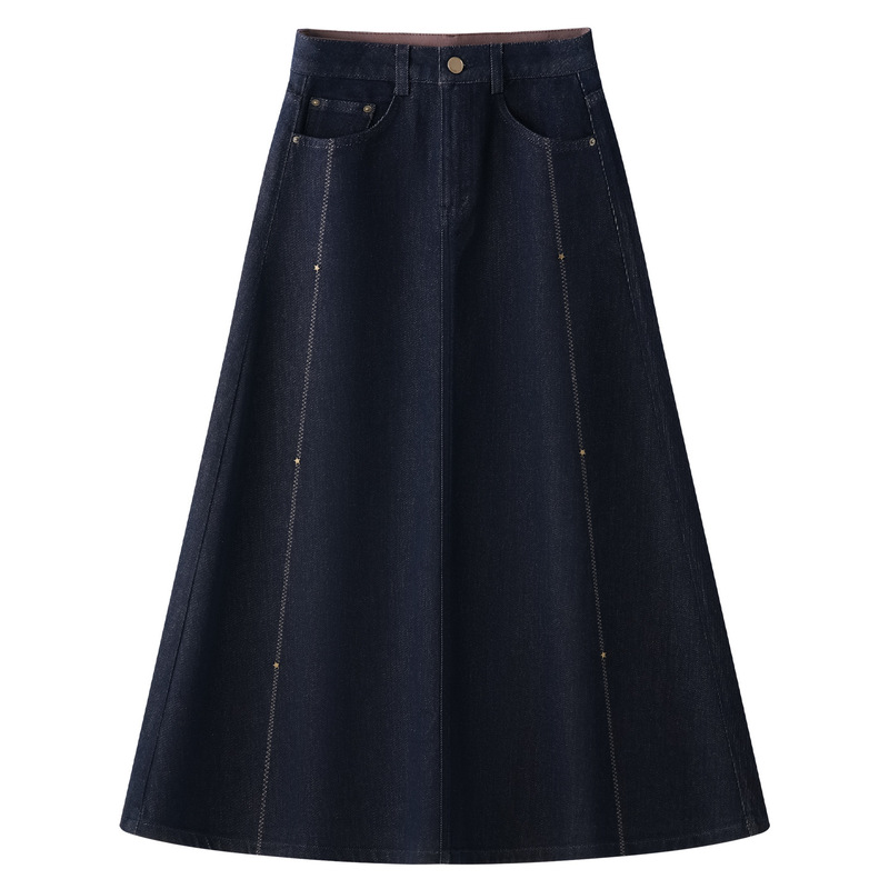Dark Blue Retro Denim Skirt for Women 2025 Autum New High-Waisted A-Line Skirt Loose Slimming Look Over-The-Knee Umbrella Skirt