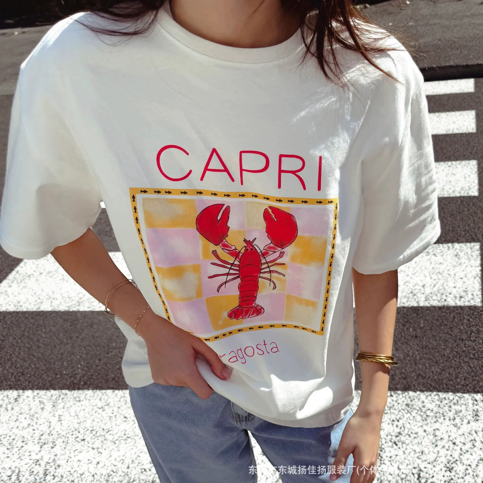 American-Style Casual Cool and Stylish Cover-Up Lobster Print 2026 Summer New 100% Pure Cotton Short-Sleeve Hip-Hop Top for Women