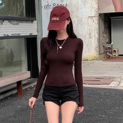 正肩修身长袖T恤女2025秋季南油新款掐腰短款显瘦女装上衣打底衫|undefined