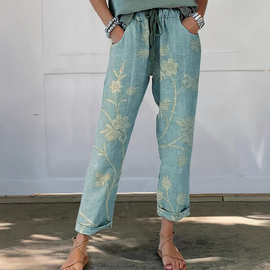 独立站跨境女式休闲裤欧美棉麻花朵印花宽松长裤显瘦百搭直筒裤