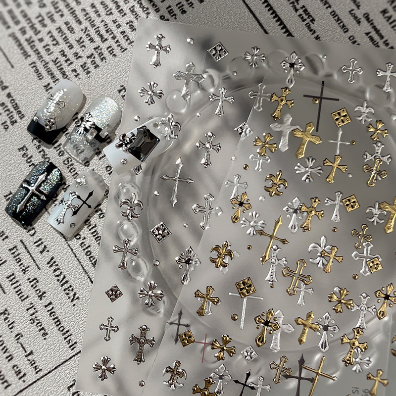 Hot Stamping Retro Crow Heart Manicure Stickers Hot Girl Punk Style Cross Adhesive Nail Stickers Embossed Decoration Wholesale