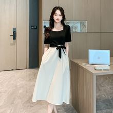 赫本风连衣裙2023夏季韩版新款拼接高级假两件套修身小个子长裙女