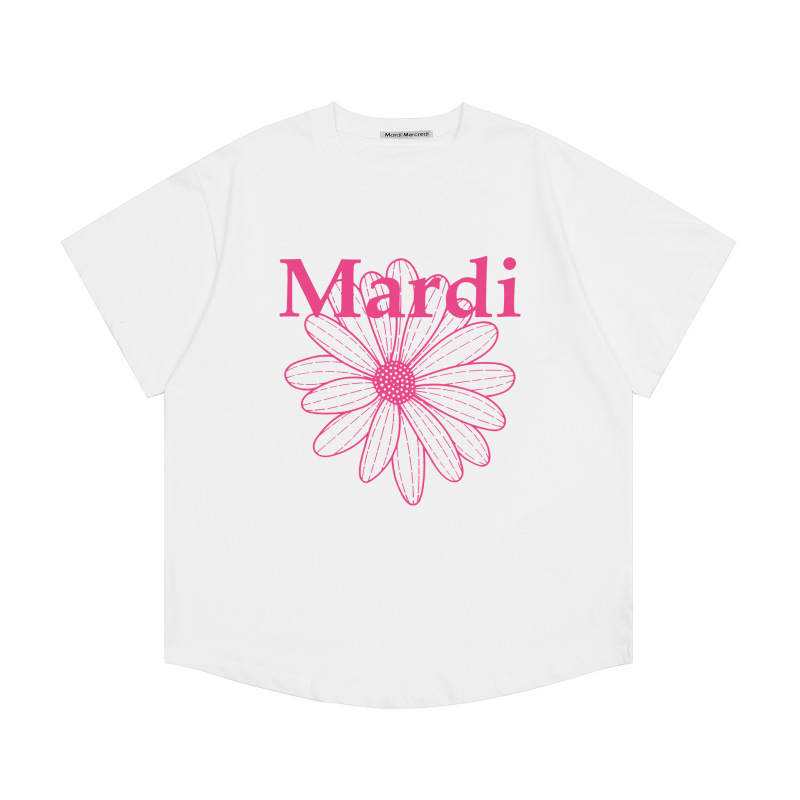 韓国マルディトレンディな半袖フラワープリントゴールドハイシルバー夏ラウンドネック純綿ルーズTシャツトップトレンディ|undefined