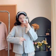 2025春の新作ラウンドネックショートコート、小柄な女性向けの高級ヘビーデューティー両面ウールコート