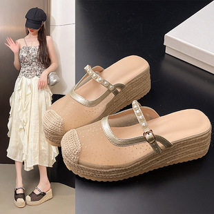 Mesh Wedge Slippers Straw Wiped Slippers Baotou Sandals for Women Summer Outer Wear Thick Bottom Lazy Pearl High Heel Half Slippers for Women